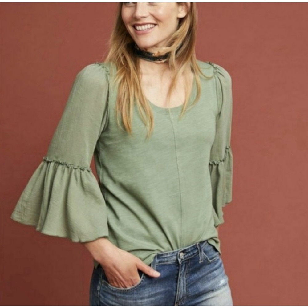 Anthropologie Bordeaux Foster Bell Sleeve Knit Top Green | NWT | Size M